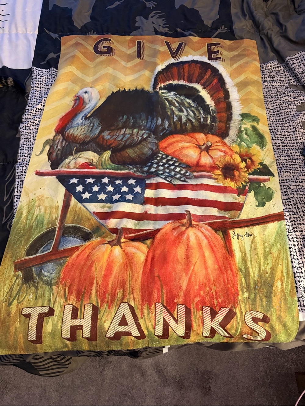 Give Thanks Thanksgiving Turkey Pumpkin House Flag.